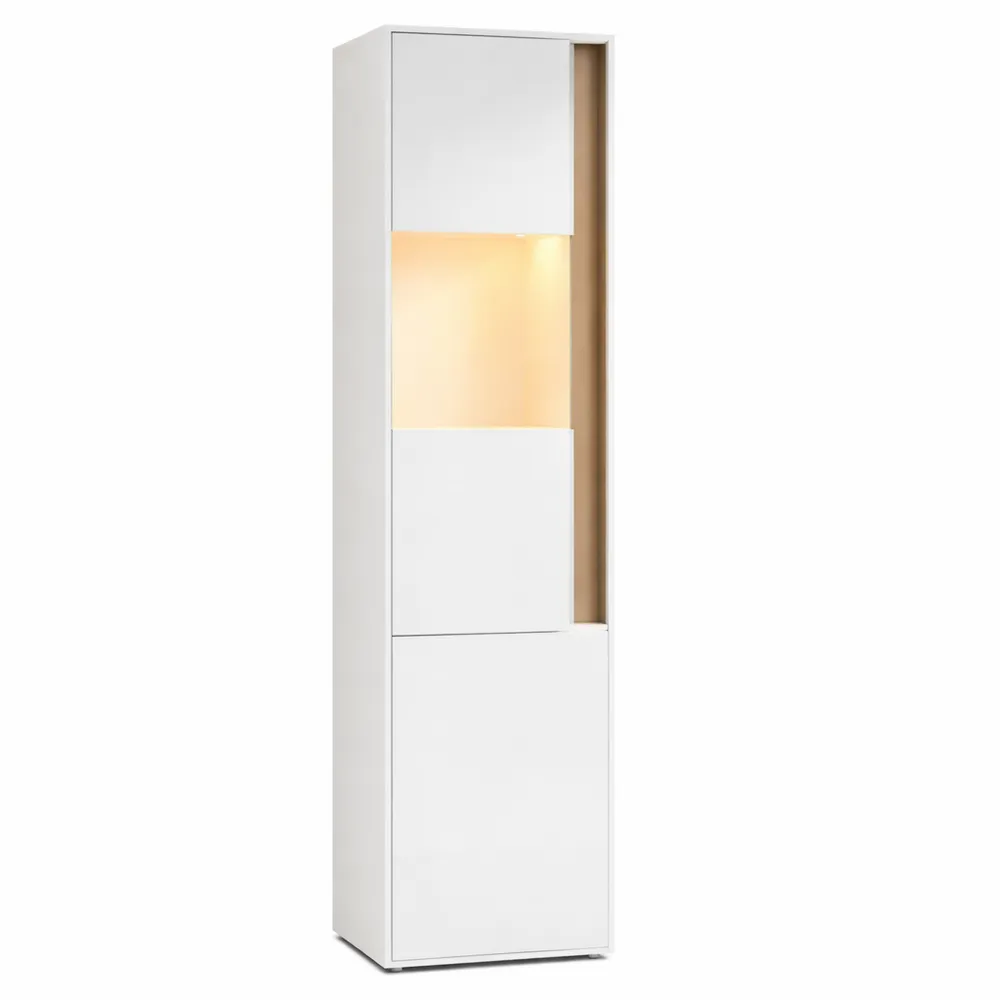 Vetrina alta con LED, 2 ante in acrilico per soggiorno, uffici e cucine, bianco e naturale