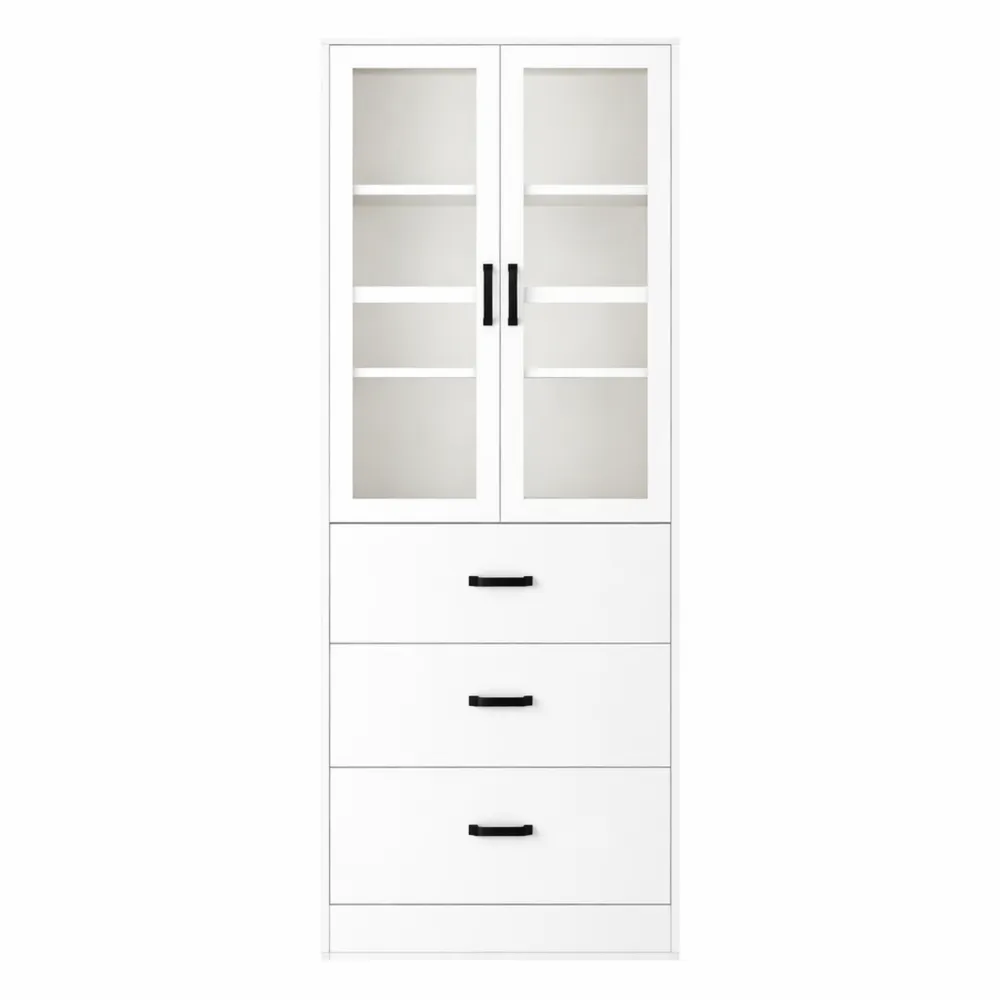 Vetrina bianca con cassetti, divisori mobili e ante in vetro