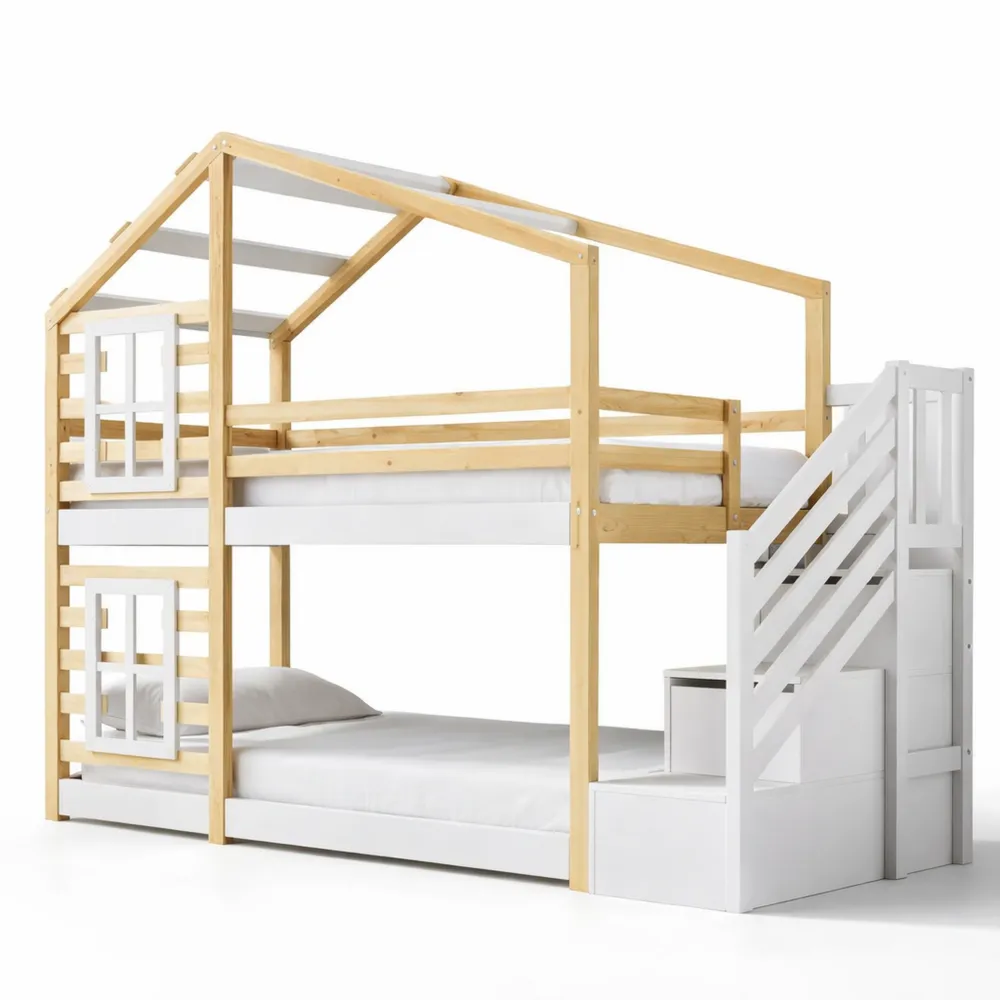 Spielbett mit Fensterdesign und Stauraum, 90x200 cm