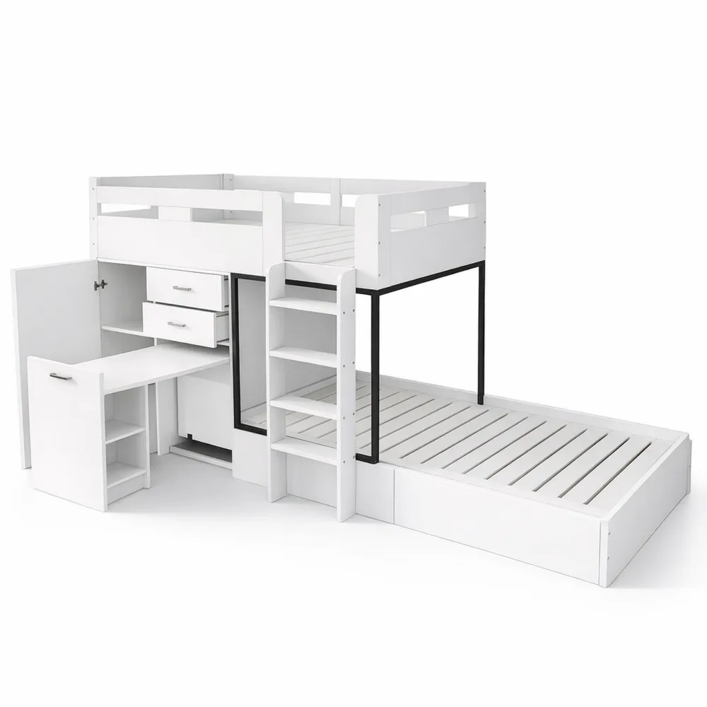 Multifunktionales Etagenbett 90x200 cm mit Schreibtisch und Stauraum
