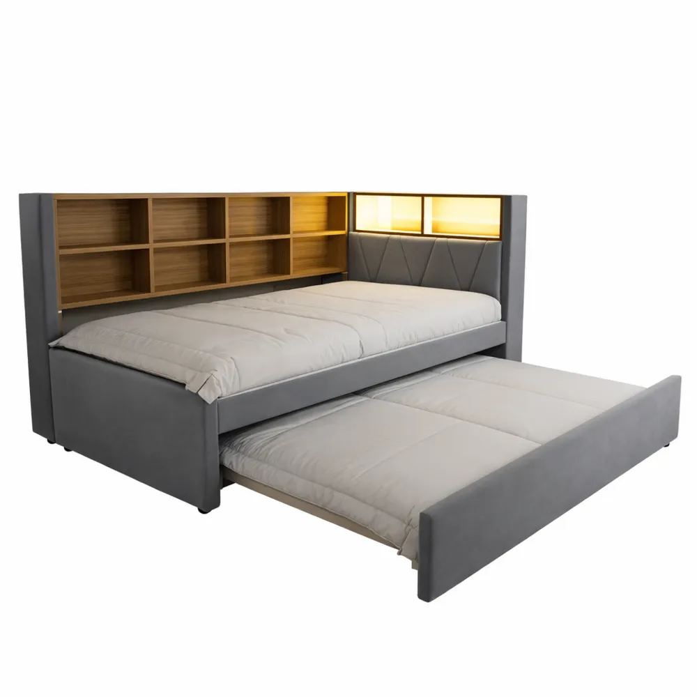 Einzelbett mit Ausziehbett und LED Licht, 90x200 cm, Dunkelgrau