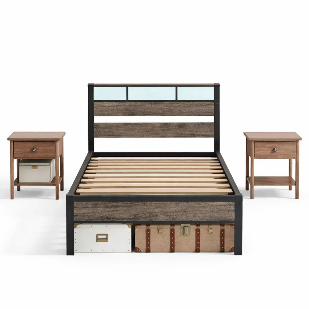 Einzelbett 90x200 cm mit LED und Ladestation, Anthrazit