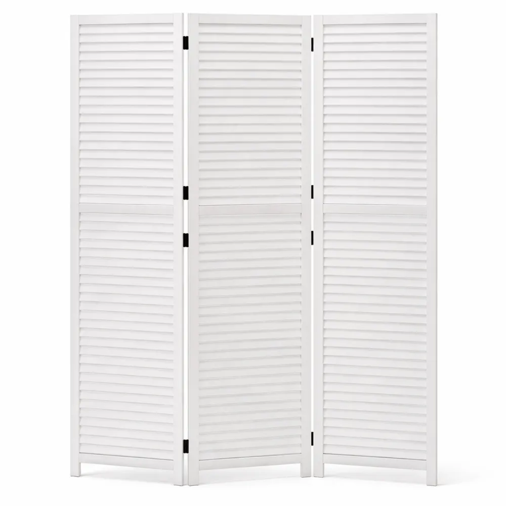 3-teiliger weißer Paravent mit Holzlamellen, 170 cm Höhe, freistehender Raumteiler