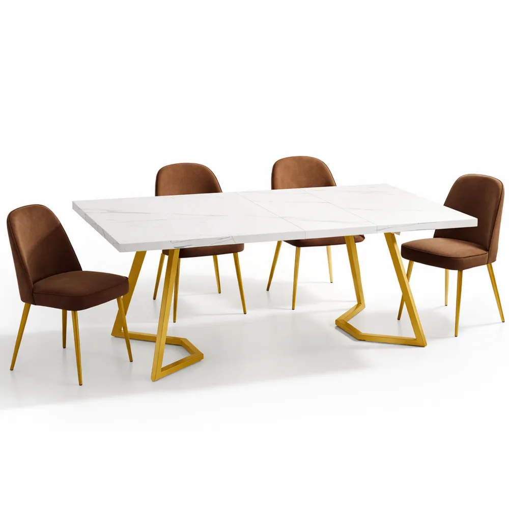 Rechteckiger Esstisch aus Kunstmarmor mit goldenen Metallbeinen, 140x80 cm, für 4-6 Personen