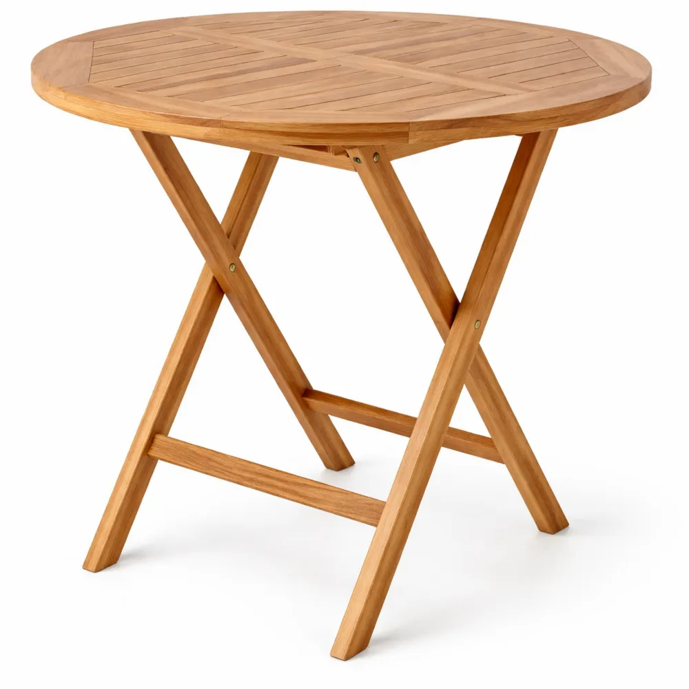 Runder Klappgartentisch aus Teakholz in Naturbraun