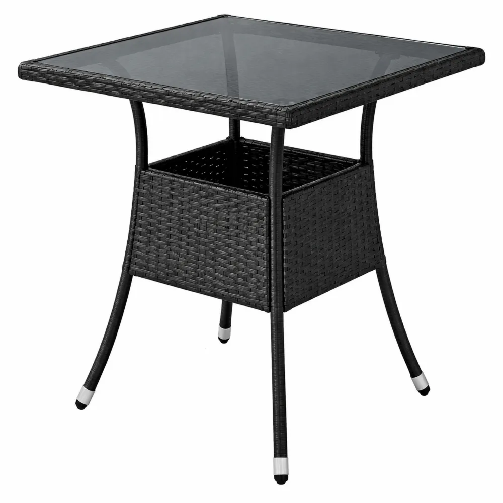 Wetterfester Polyrattan Balkontisch mit Glasplatte, 60x60 cm, Schwarz