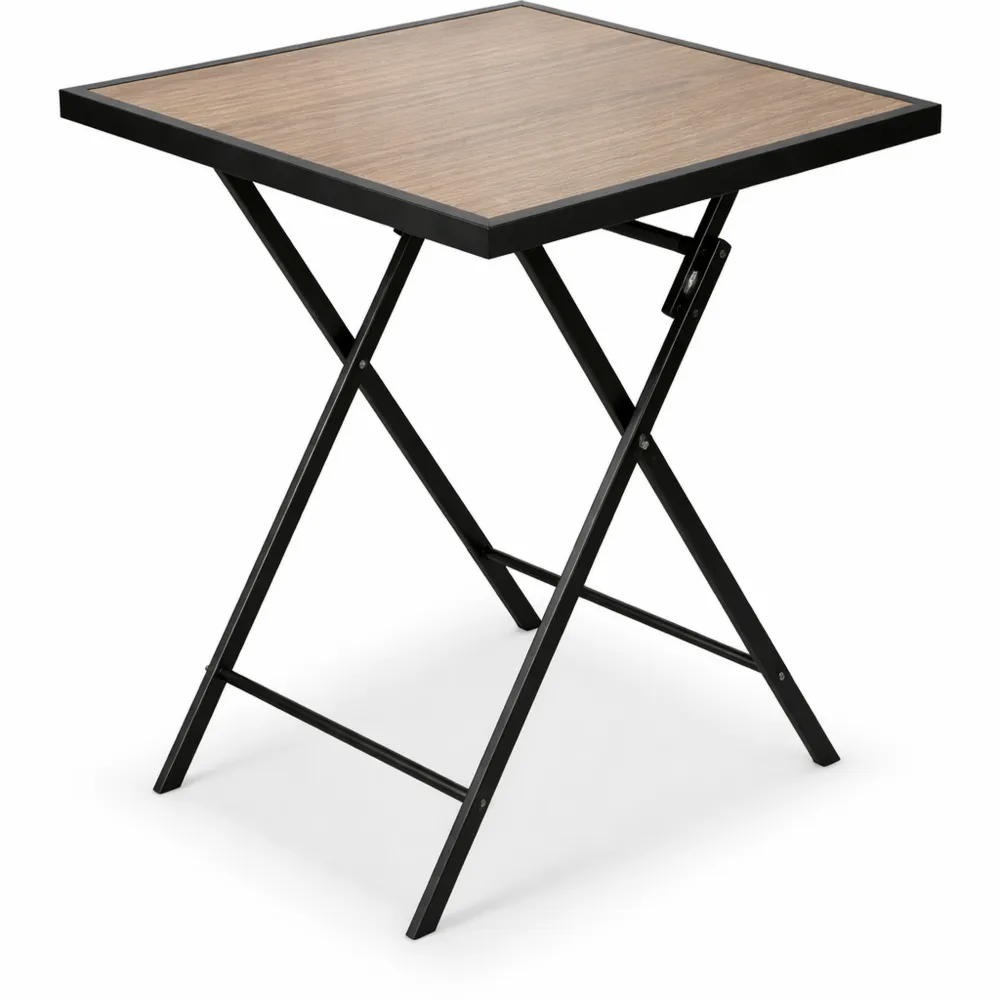 Kompakter wetterfester Balkontisch aus Metall, klappbar, in Holzoptik