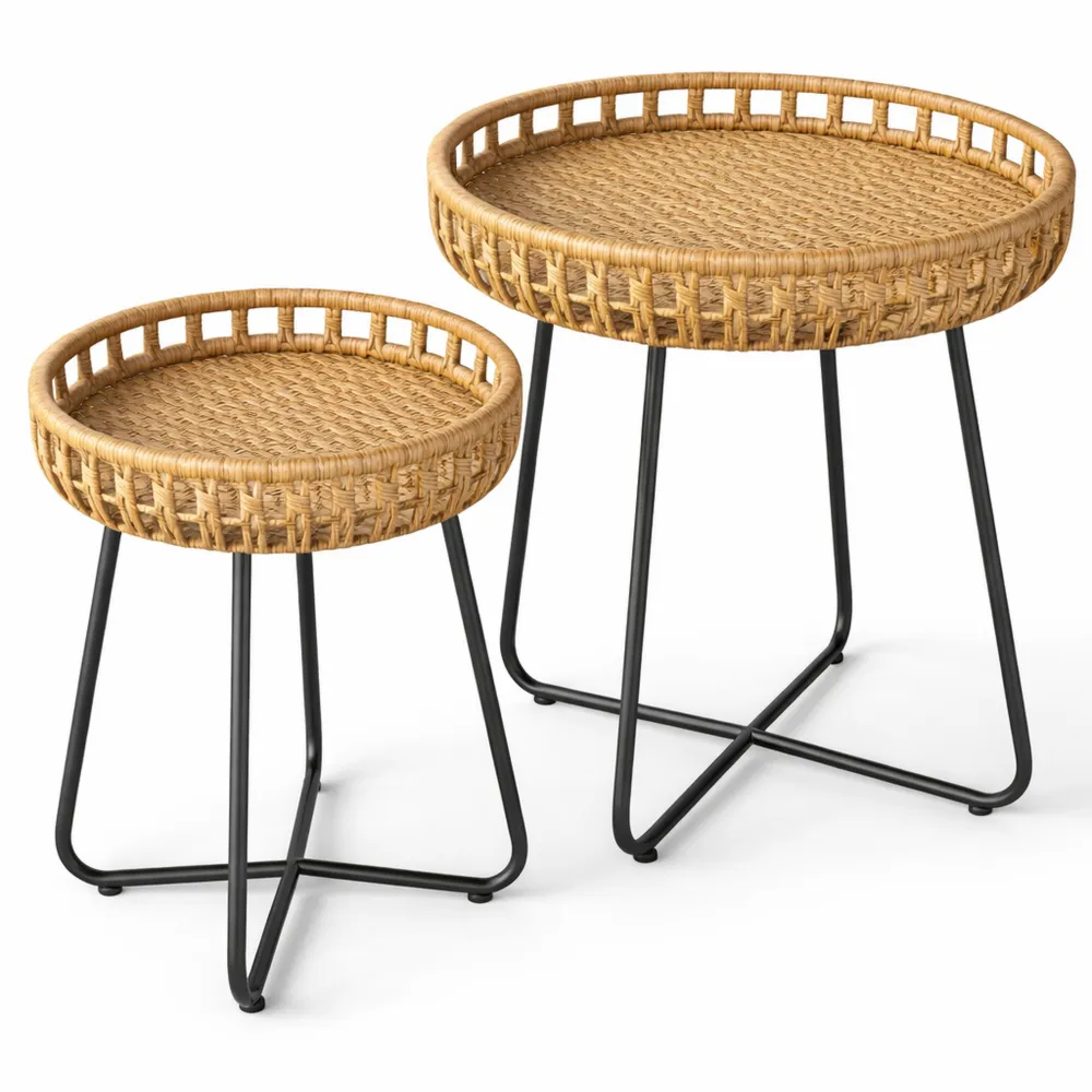 Runder Beistelltisch-Set, Outdoor-Gartentisch mit Metallrahmen und verstellbaren Füßen