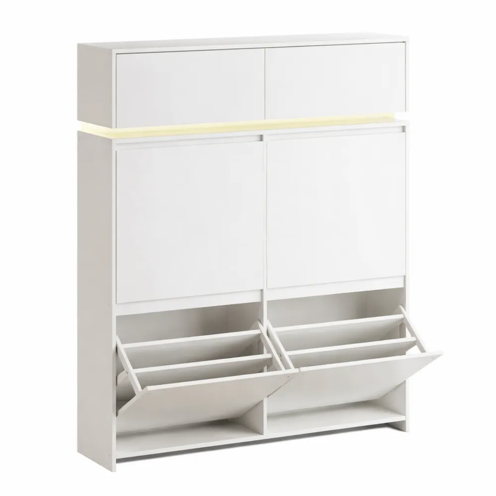 Schmaler Schuhschrank mit LED, Platz für 20 Paar Schuhe, Weiß