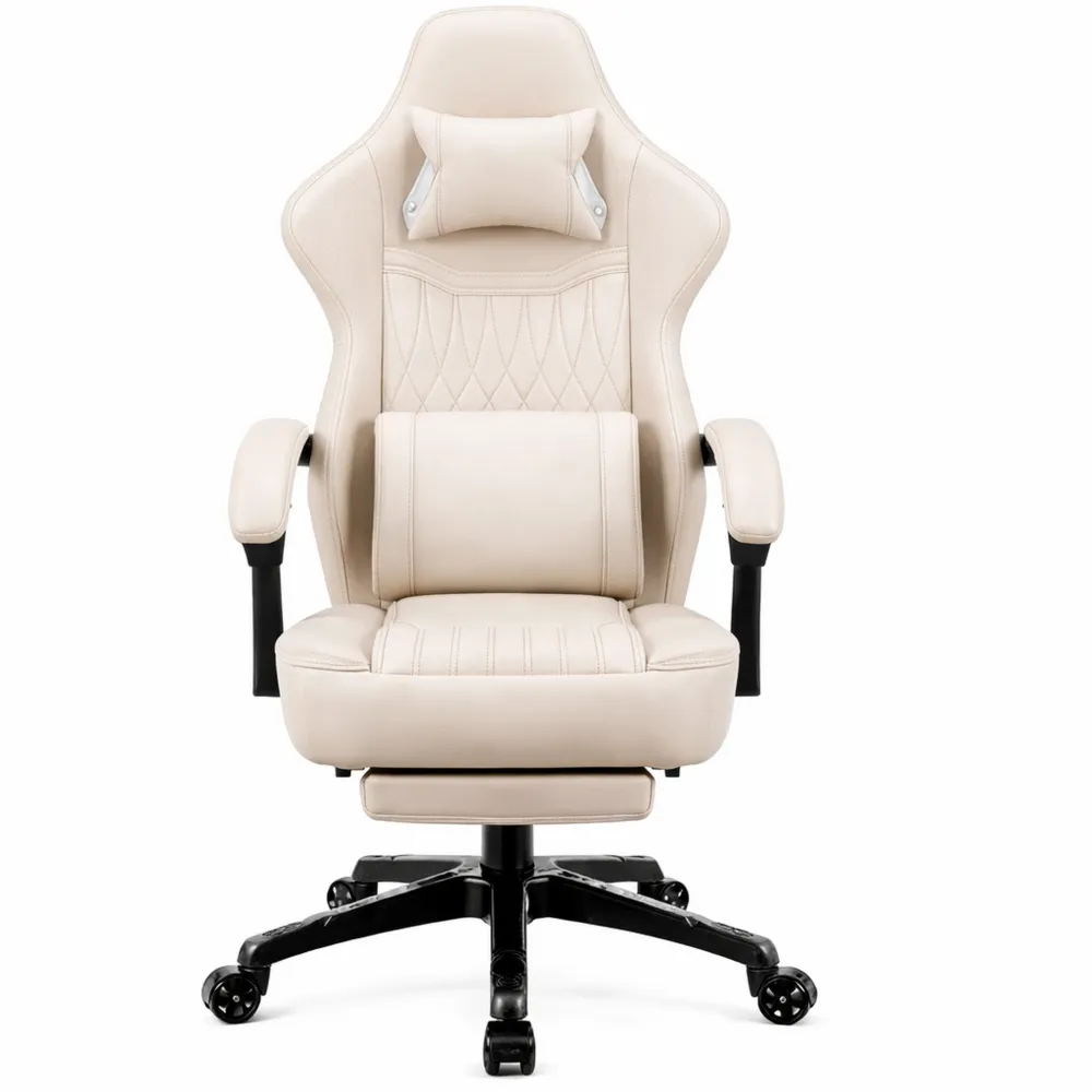 Chaise ergonomique avec coussin à ressort et support lombaire en cuir blanc