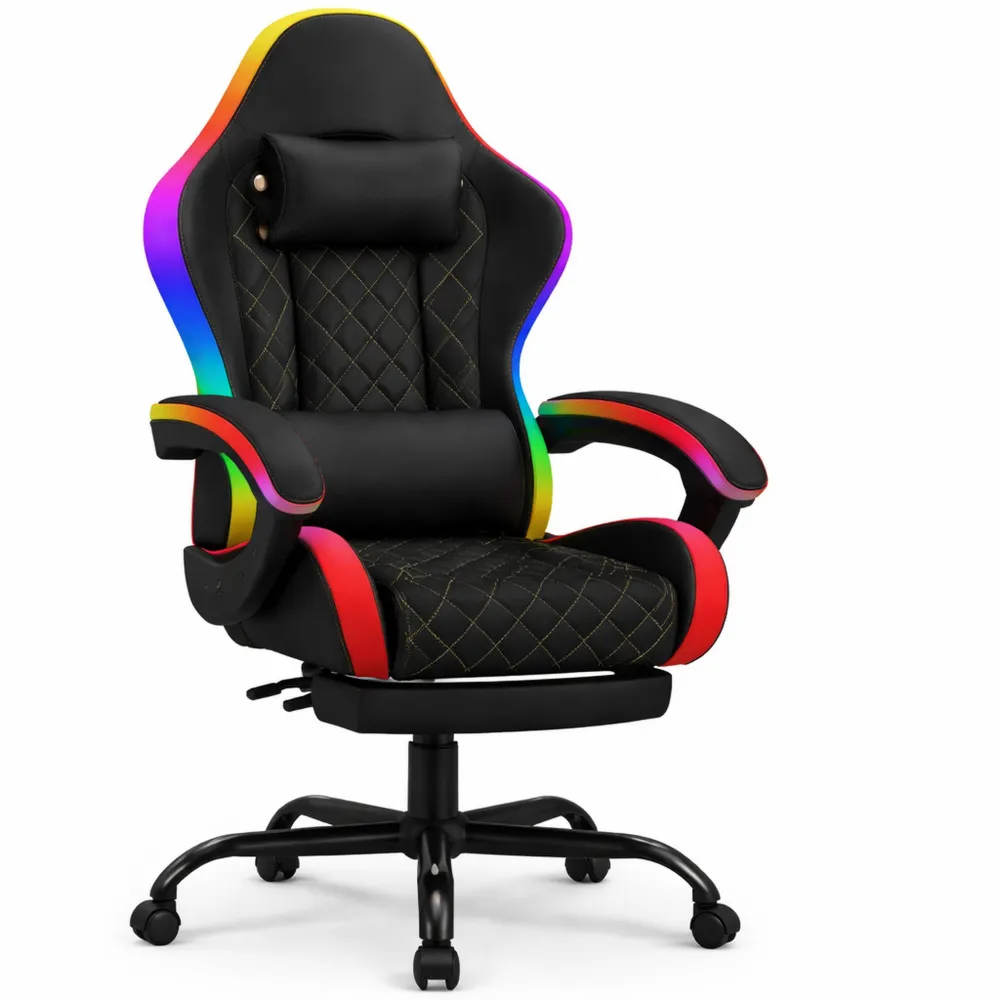Chaise de jeu LED RGB ergonomique avec support lombaire et repose-pieds, pivotante et ajustable, capacité 150 kg