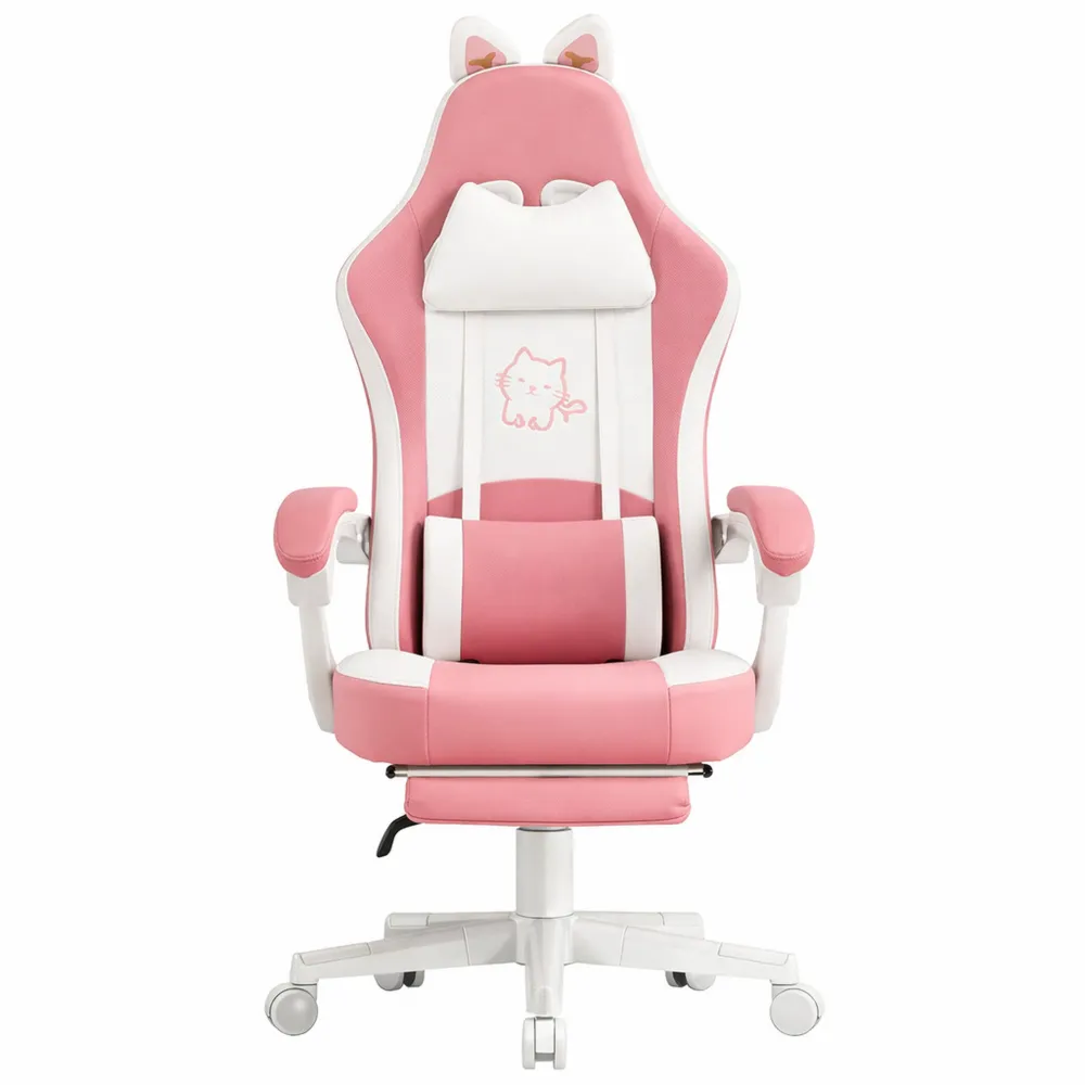 Fauteuil de Jeu Ergonomique avec Repose-Pieds et Coussin Lombaire, Design Oreilles de Chat, Cuir PU, Rose et Blanc