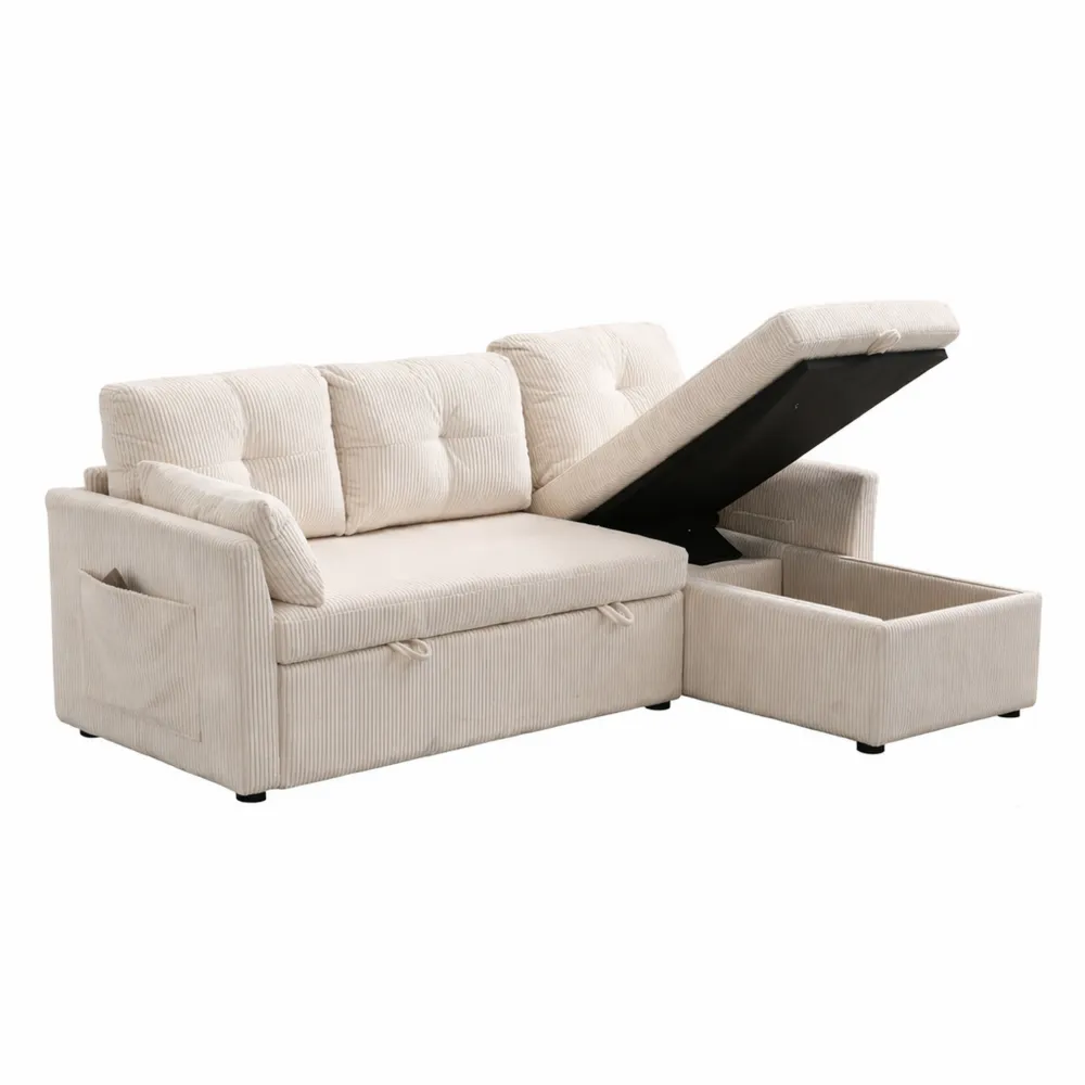 Canapé modulable en L avec méridienne interchangeable, tissu velours, fonction lit gigogne et espace de rangement, beige