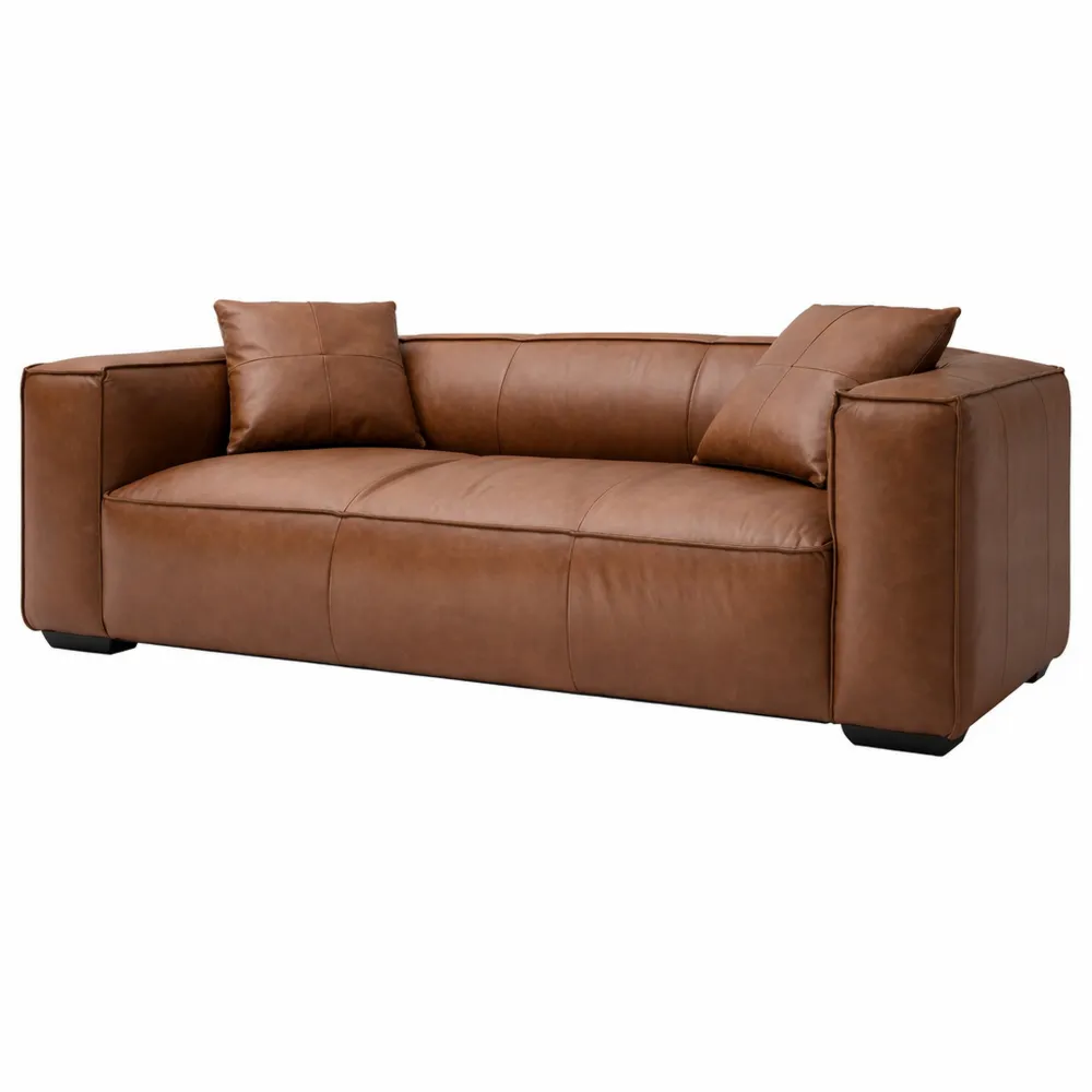 Sofa Vintage 3 Places en Cuir Marron et Bois Noir