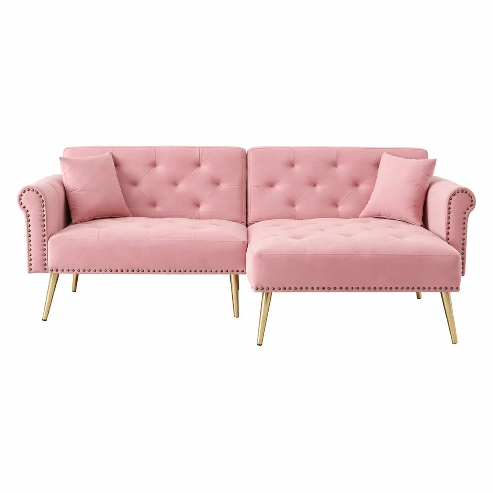 Convertible Moderne 2 Places en Velours Rose, Dossier Réglable et Pieds Métalliques, Idéal pour Salon