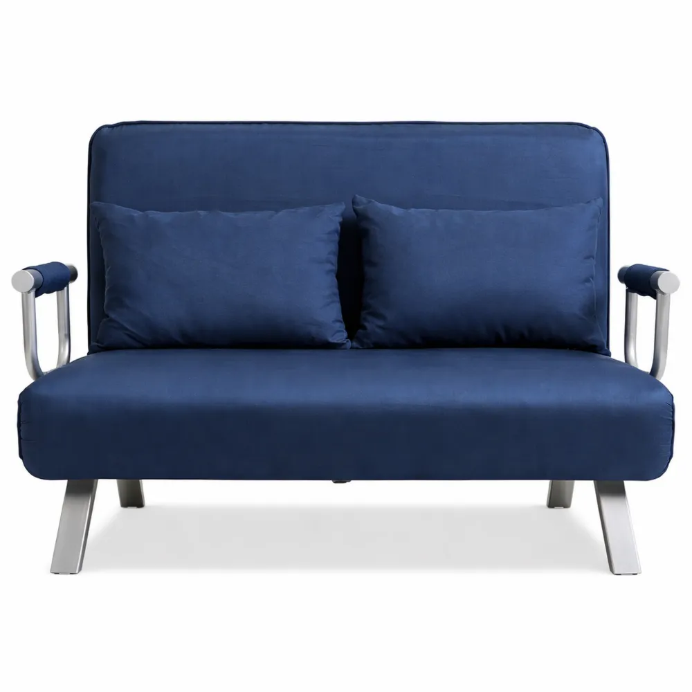 Canapé-lit 2 places, dossier réglable 5 positions, chaise longue avec 2 coussins, revêtement suède déhoussable, 111x80x78cm, bleu