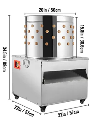 VEVOR chicken plucker with dimensions: 34.5in h, 22in w, 20in drum diameter.