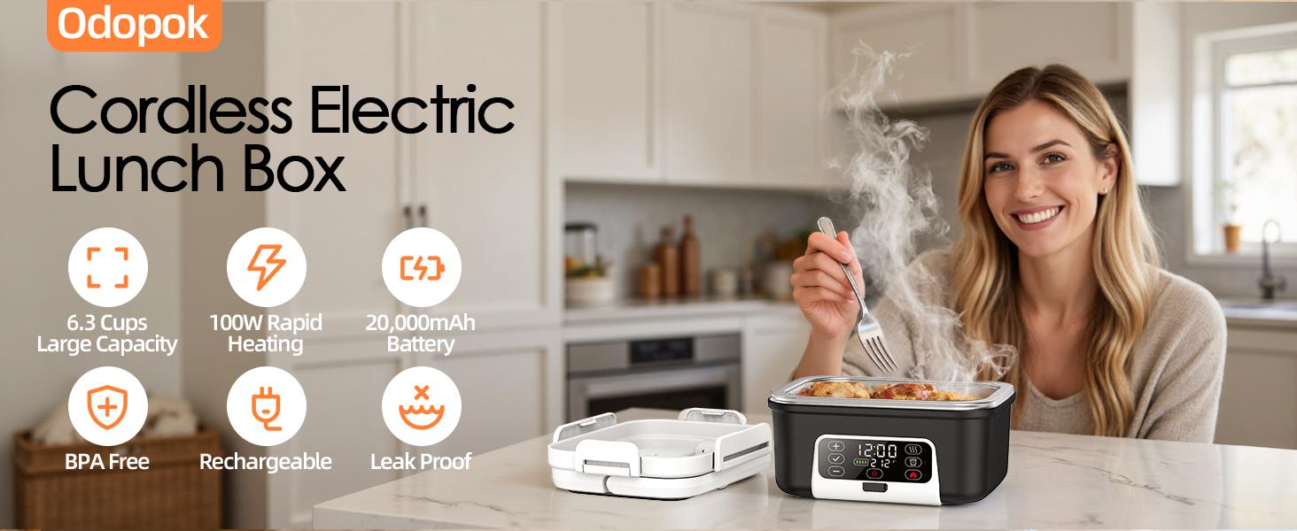 Cordless Electric Heated Lunch Box, 1.5L - 6.3Cups 20000mAh Rechargeable Battery Powered with Automatic Heating, Smart Timer, BPA Free,Including Spoon, Insulated Carry Bag, Removable Tray Divider Cordless Electric Heated Lunch Box, 1.5L - 6.3Cups 20000mAh Rechargeable Battery Powered with Automatic Heating, Smart Timer, BPA Free,Including Spoon, Insulated Carry Bag, Removable Tray Divider