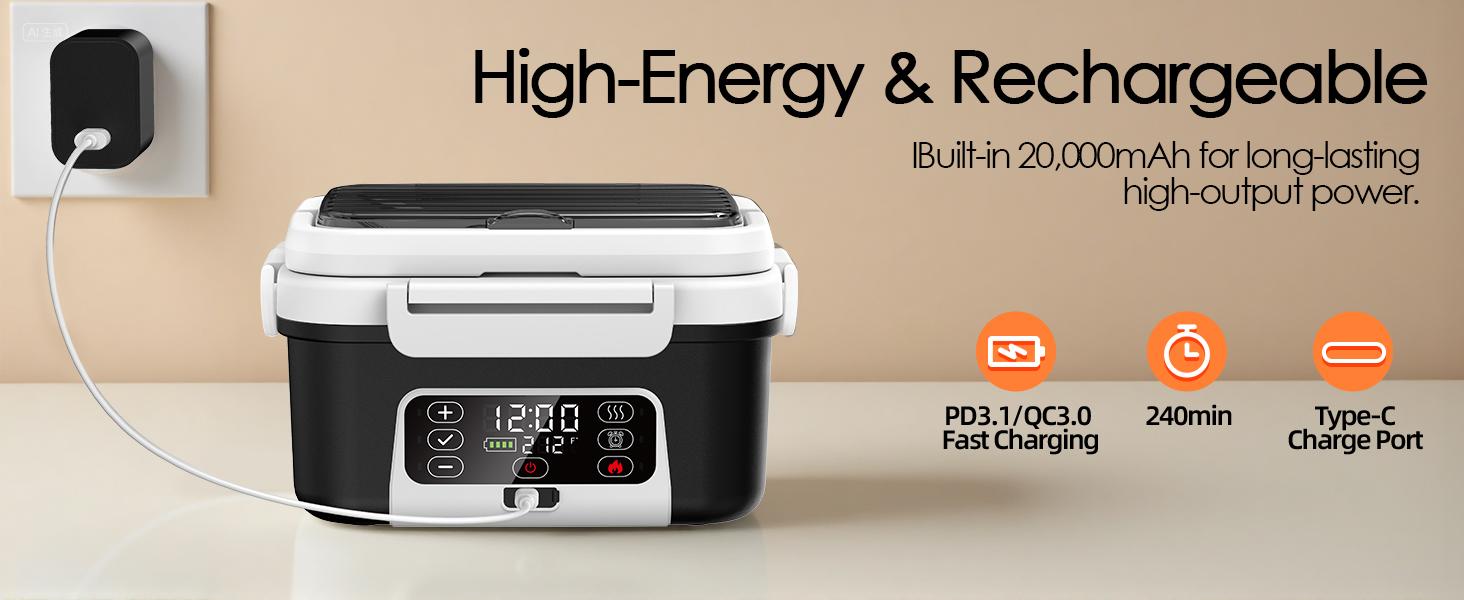 Cordless Electric Heated Lunch Box, 1.5L - 6.3Cups 20000mAh Rechargeable Battery Powered with Automatic Heating, Smart Timer, BPA Free,Including Spoon, Insulated Carry Bag, Removable Tray Divider Cordless Electric Heated Lunch Box, 1.5L - 6.3Cups 20000mAh Rechargeable Battery Powered with Automatic Heating, Smart Timer, BPA Free,Including Spoon, Insulated Carry Bag, Removable Tray Divider