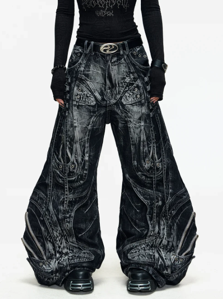 Deconstructed Flared Patchwork Denim Jeans Black