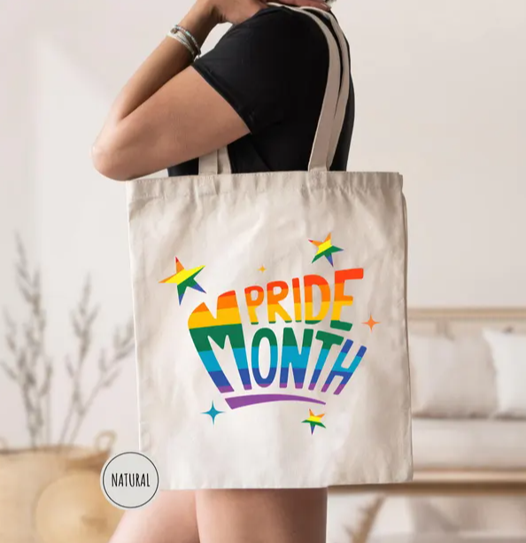 Pride Month Tote Bag, Rainbow Stars LGBTQ+ Canvas Bag