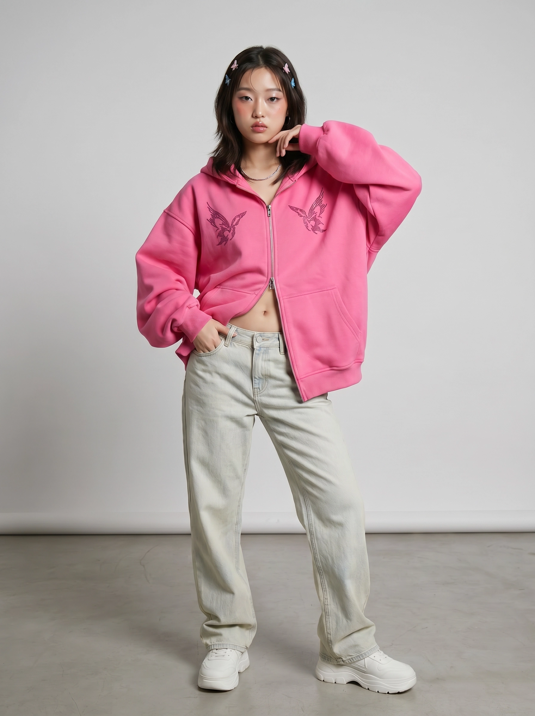 Pink Oversized Lightning Graphic Zip-Up Hoodie | Aespa