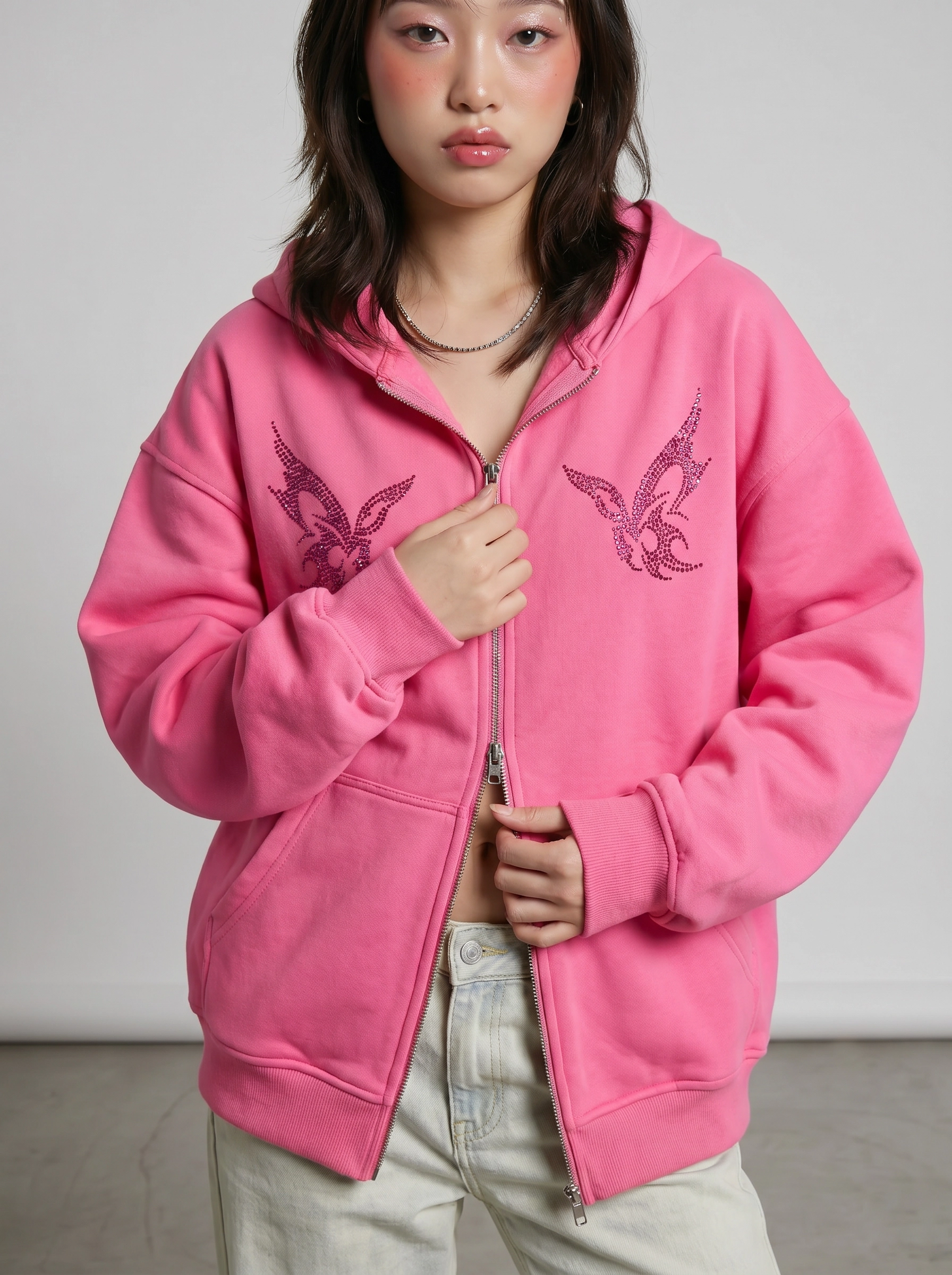 Pink Oversized Lightning Graphic Zip-Up Hoodie | Aespa