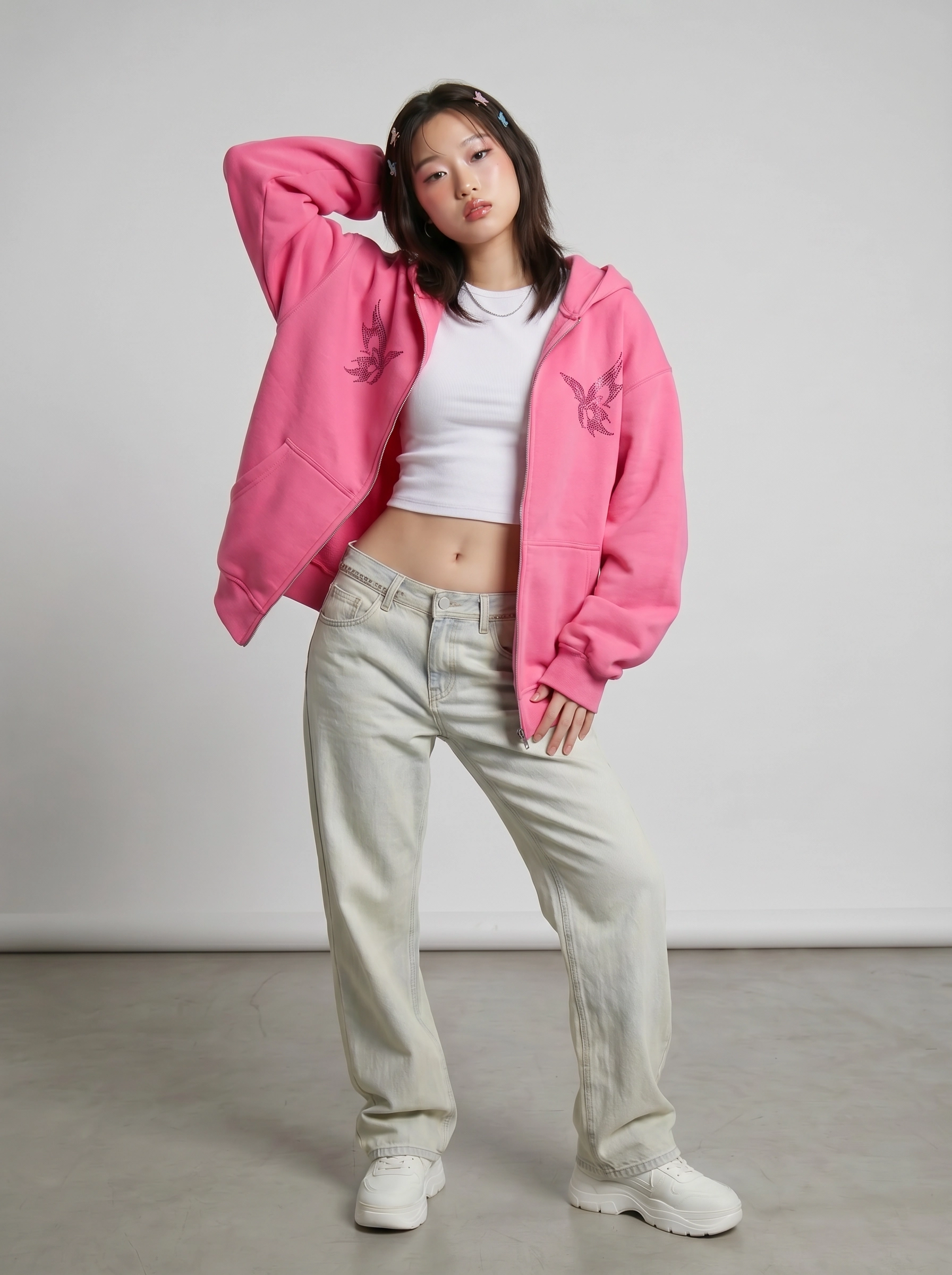 Pink Oversized Lightning Graphic Zip-Up Hoodie | Aespa