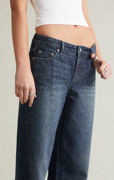 Low Rise Baggy Jeans Rhinestone Medium Blue