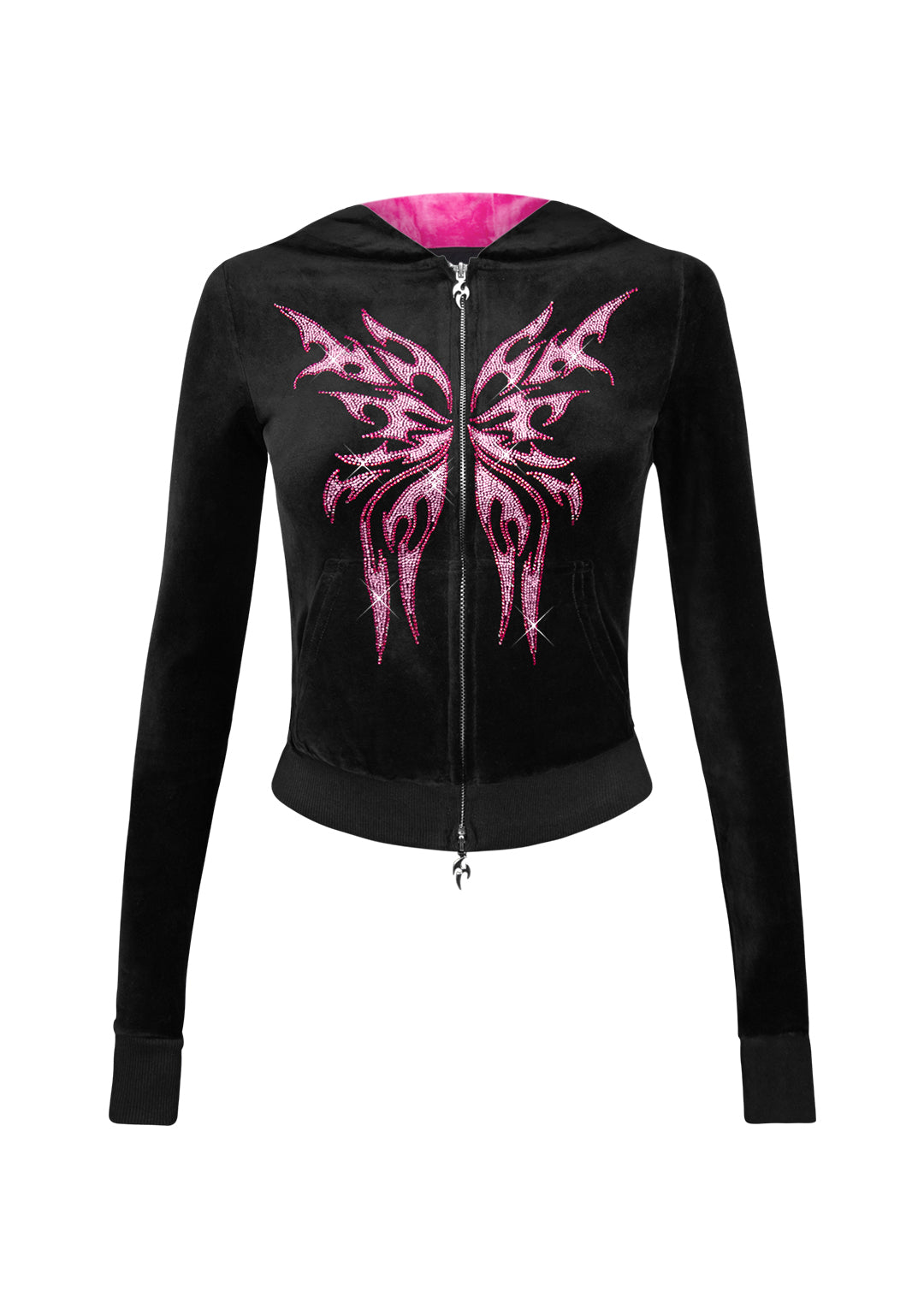 Bechicostore™ IDOL RHINESTONE VELOUR FITTED ZIP HOODIE (PINK/BLACK)