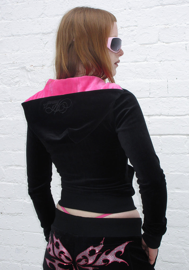 Bechicostore™ IDOL RHINESTONE VELOUR FITTED ZIP HOODIE (PINK/BLACK)