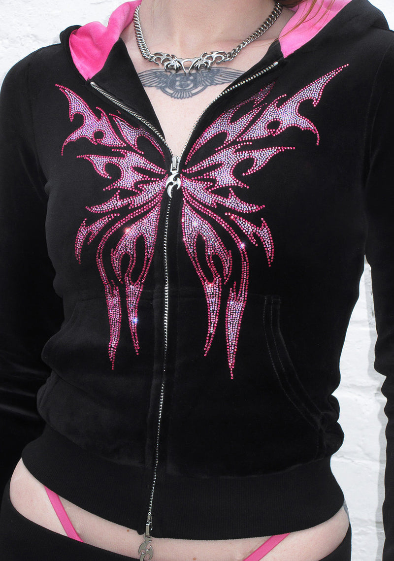 Bechicostore™ IDOL RHINESTONE VELOUR FITTED ZIP HOODIE (PINK/BLACK)