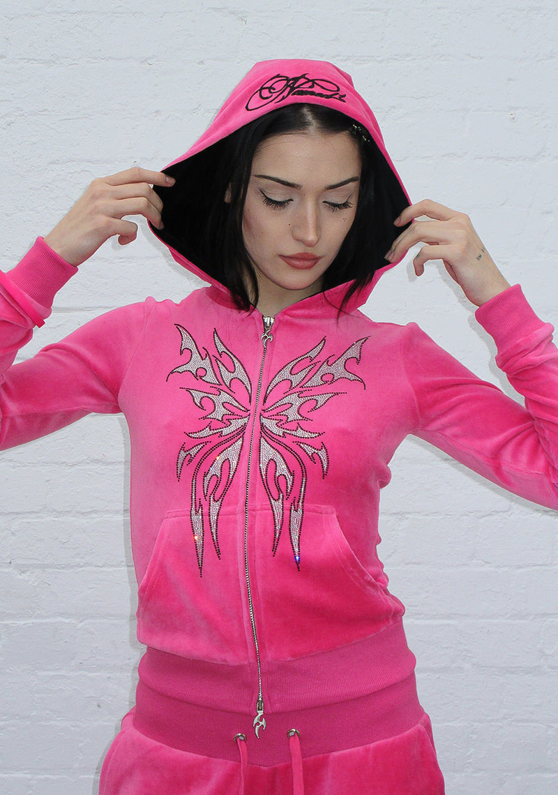 Bechicostore™ IDOL RHINESTONE VELOUR FITTED ZIP HOODIE (PINK/BLACK)