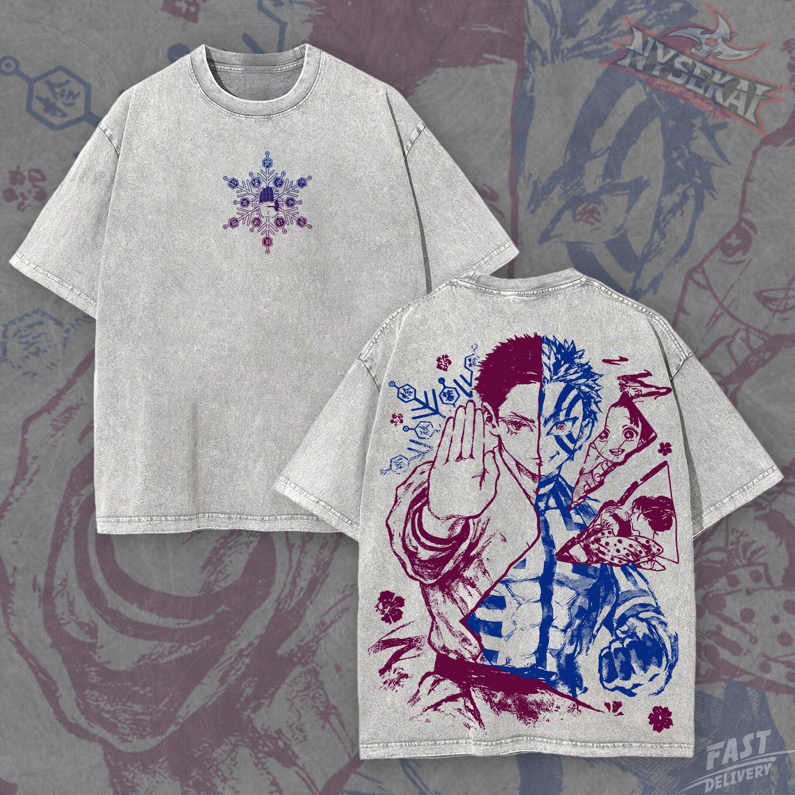 Akaza Upper Moon Three Split Face Graphic Tee – Vintage Wash Anime Print