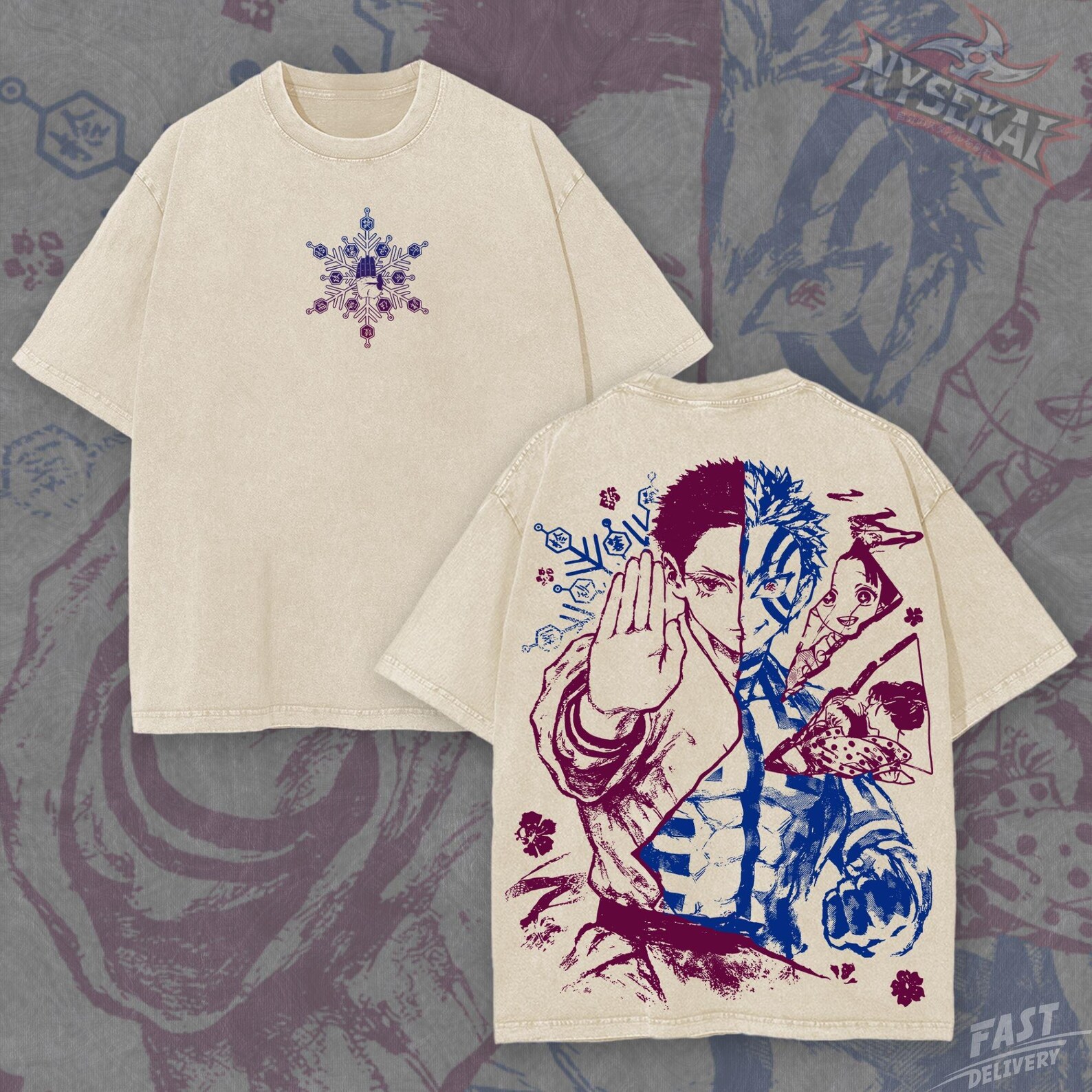 Akaza Upper Moon Three Split Face Graphic Tee – Vintage Wash Anime Print