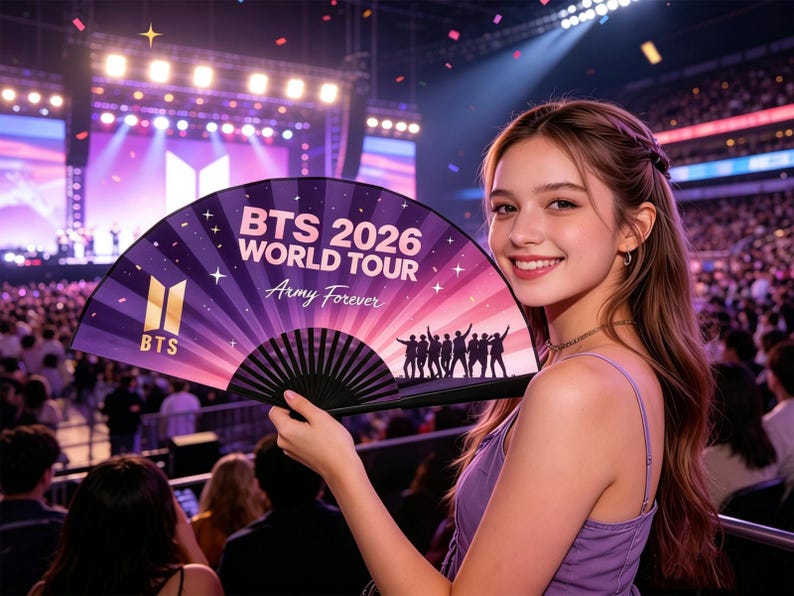 BTS Hand Fan Kpop ARMY, Folding Fan Concert Accessory, BTS Inspired Fan, 2026 Tour Gift for Fan, Kpop Merch, Concert Gift for Army Fan