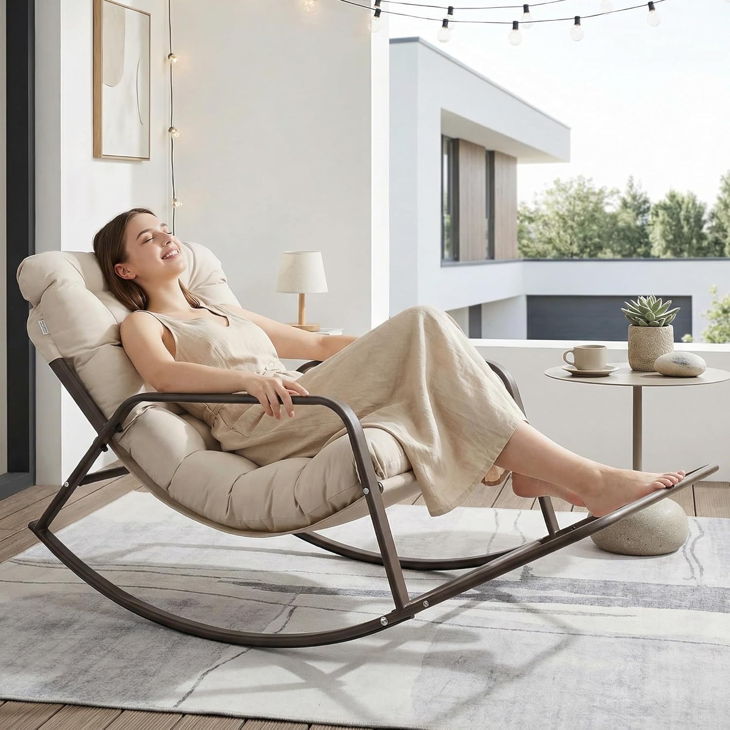 Beige Oversized Indoor Outdoor Lounge Royal Rocking Chair