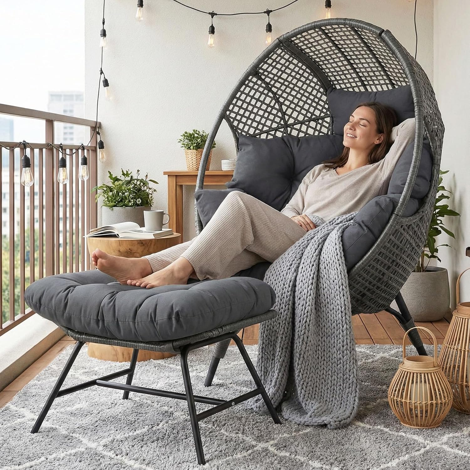 Wicker Egg Chair with Ottoman