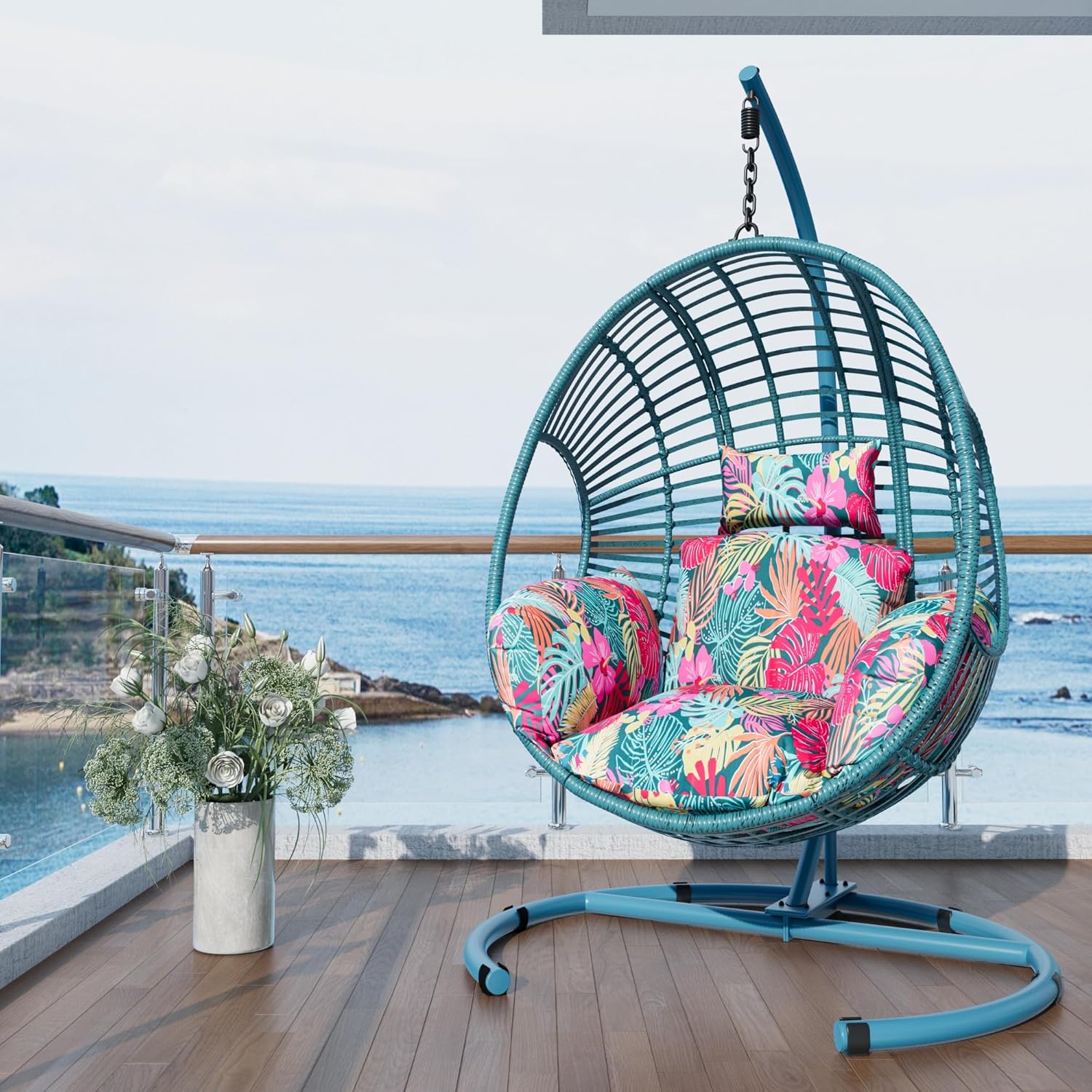 Wicker Swing Egg Chair with Stand 400lbs Capacity for Bedroom