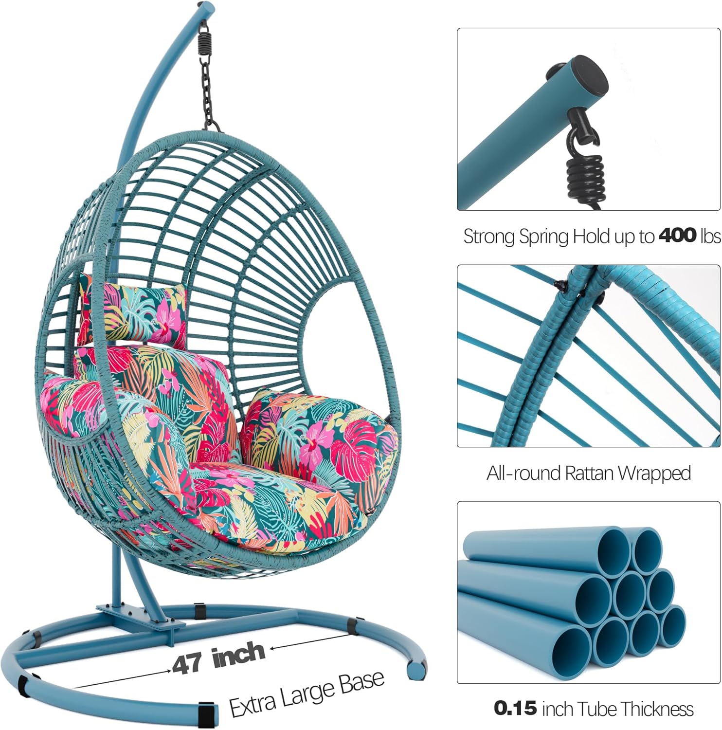Wicker Swing Egg Chair with Stand 400lbs Capacity for Bedroom