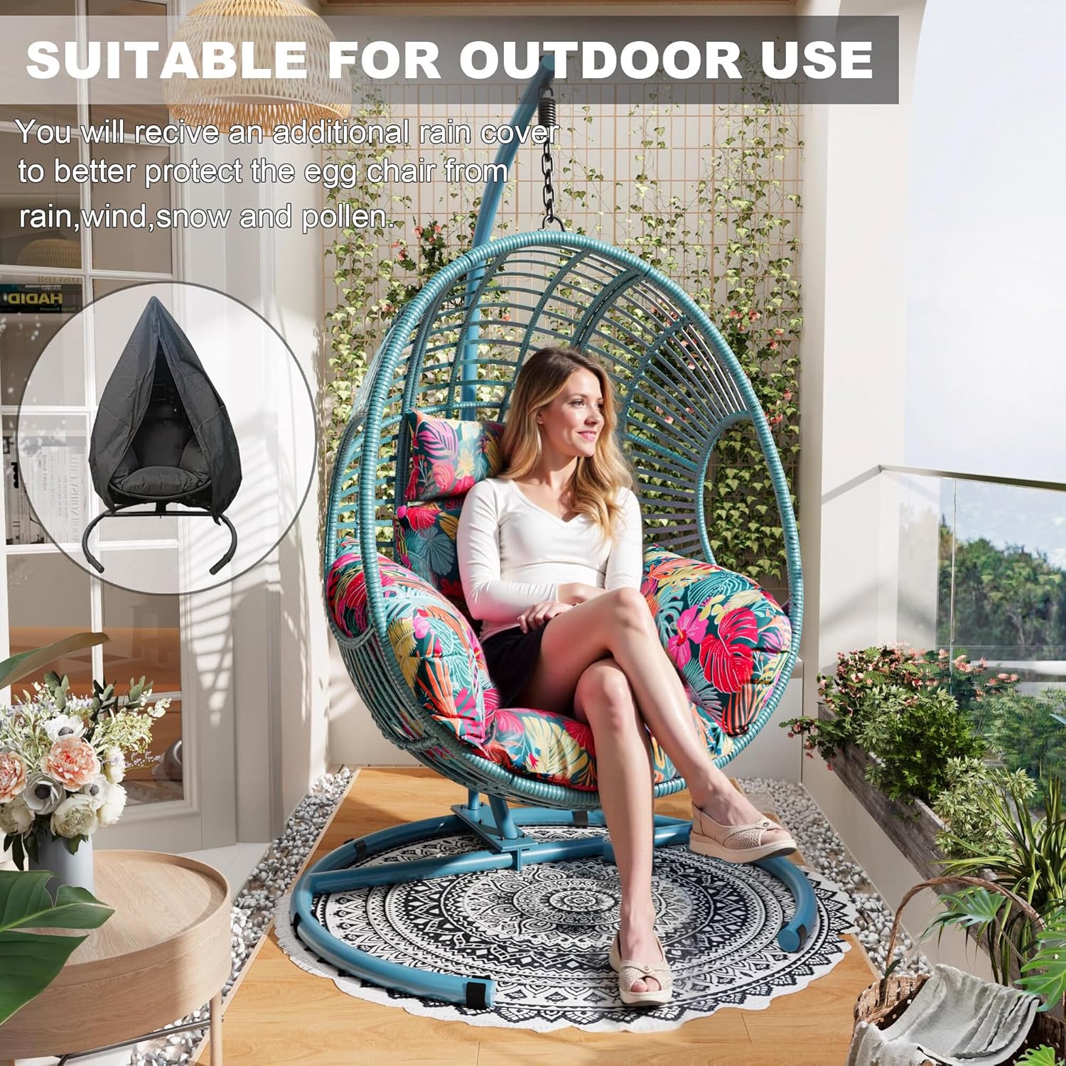Wicker Swing Egg Chair with Stand 400lbs Capacity for Bedroom