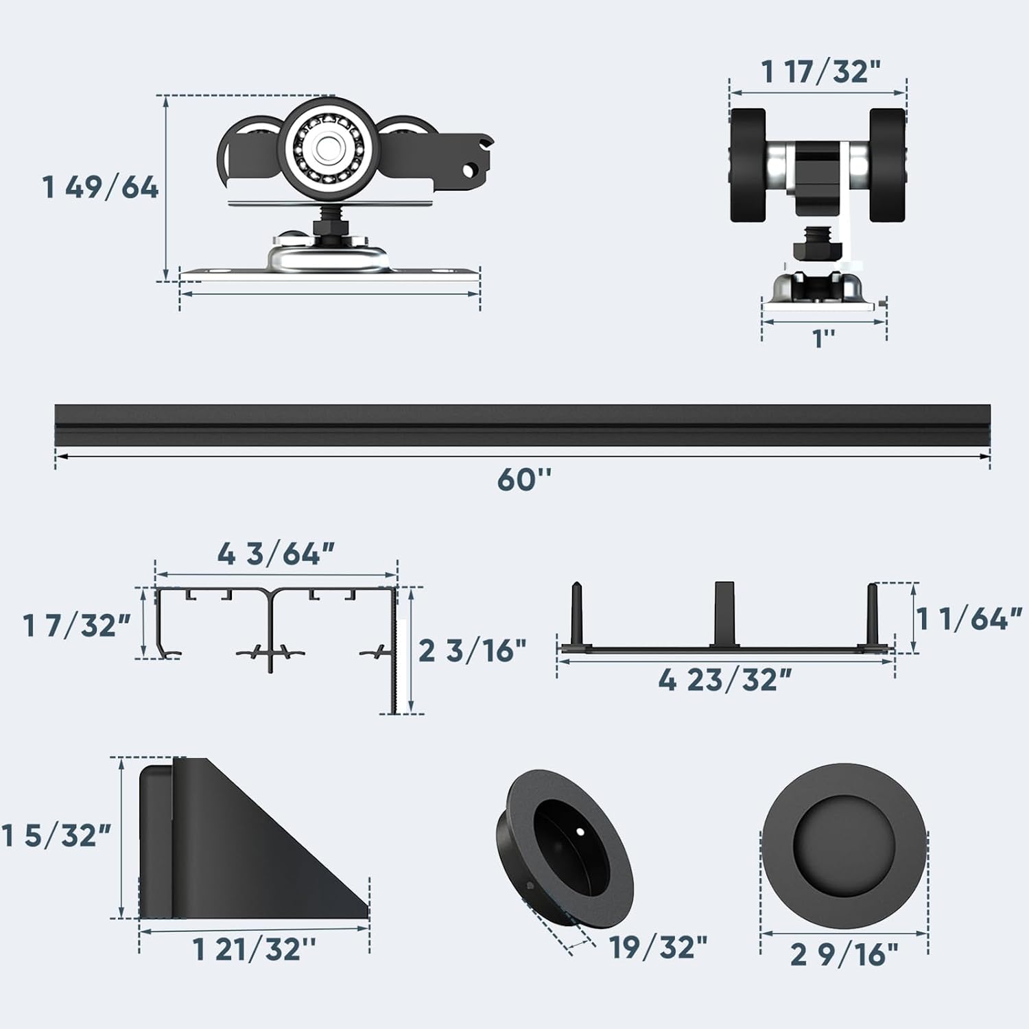 5FT Heavy Duty Bypass Door Hardware with Finger Pulls,Sturdy Aluminum Sliding Closet Door Track for 2 door System,Quietly and Smoothly,Fit Door Thickness 1 3/8" or 1 3/4",Easy to Install