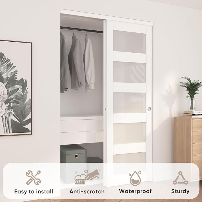Sliding Closet Door 48"(Double 25") x 80", 5-Lite Frosted Glass Bypass Door with Hardware Kit & Matching Fascia, Pre-Drilled Solid Wood Slab with Water-Proof PVC Surface, Easy to Install, White