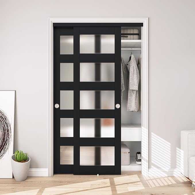 48" x 80" Sliding Closet Door, 5-Lite Frosted Glass Bypass Door with Hardware Kit & Matching Fascia, Pre-Drilled Solid Wood Slab with Water-Proof PVC Surface, Easy to Install, Black