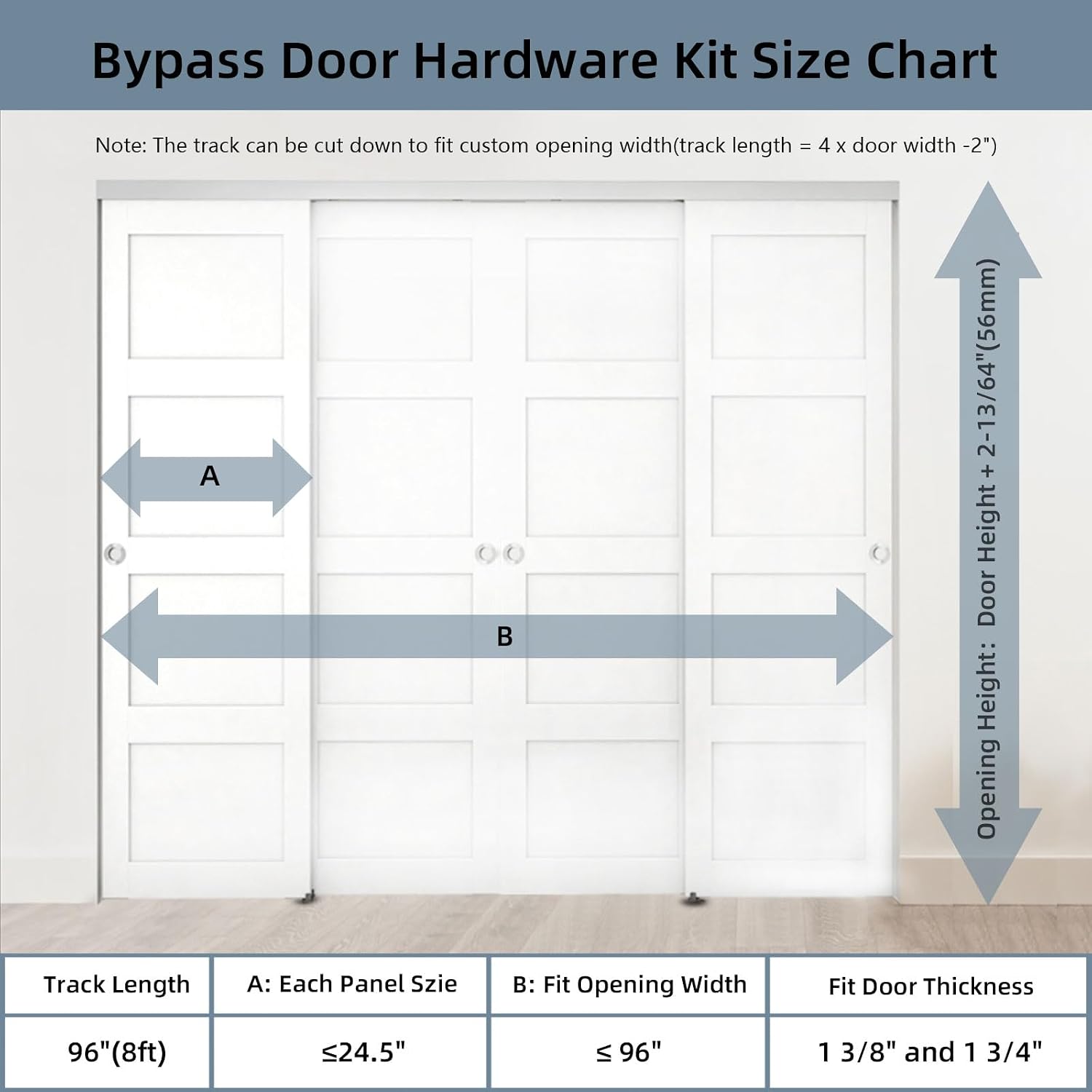 8FT/96" Bypass Door Hardware,Heavy Duty Aluminum Sliding Closet Door Hardware Set with Finger Pulls for 4 Doors System,Sturdiness and Smoothly,Easy to Insatll