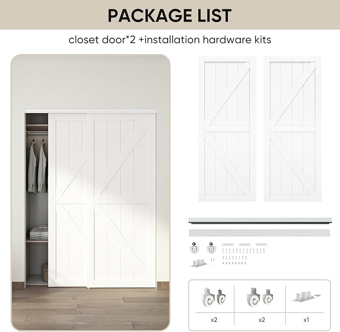  60"(Double 31") x80" Sliding Closet Door, K Style Bypass Closet Door with Hardware Kit & Matching Fascia, Preassembled Solid Wood Slab with Water-Proof PVC Surface, Easy to Install, White