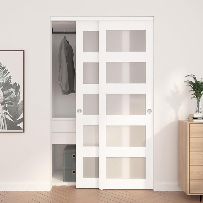 Sliding Closet Door 48"(Double 25") x 80", 5-Lite Frosted Glass Bypass Door with Hardware Kit & Matching Fascia, Pre-Drilled Solid Wood Slab with Water-Proof PVC Surface, Easy to Install, White