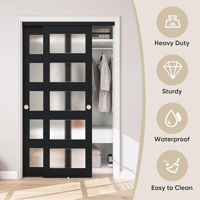 48" x 80" Sliding Closet Door, 5-Lite Frosted Glass Bypass Door with Hardware Kit & Matching Fascia, Pre-Drilled Solid Wood Slab with Water-Proof PVC Surface, Easy to Install, Black