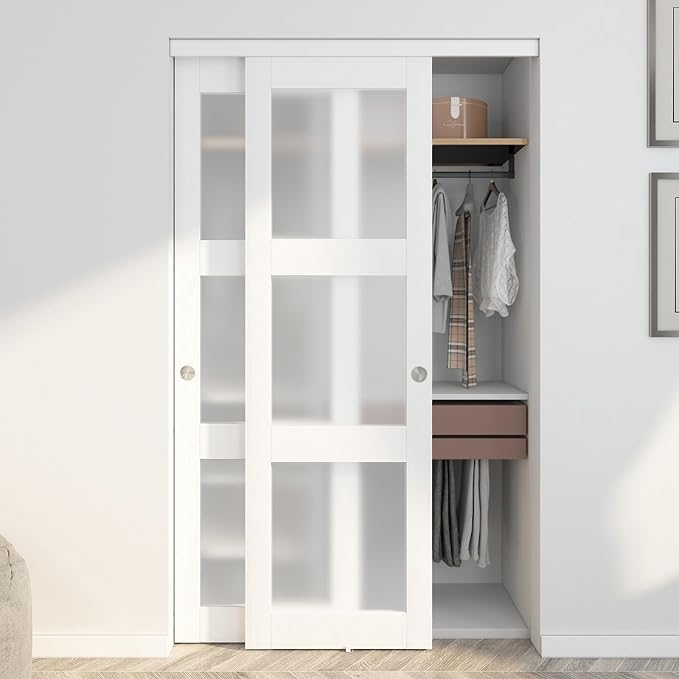 Sliding Closet Door 48"(Double 24.5")x80", 3-Lite Frosted Glass Bypass Door with Hardware Kit & Matching Fascia, Pre-Drilled Solid Wood Slab with Water-Proof PVC Surface, Easy to Install, White