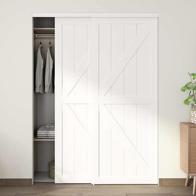  60"(Double 31") x80" Sliding Closet Door, K Style Bypass Closet Door with Hardware Kit & Matching Fascia, Preassembled Solid Wood Slab with Water-Proof PVC Surface, Easy to Install, White